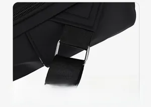 Detail of silver square metal ring and thick nylon strap on a black shoulder bag
