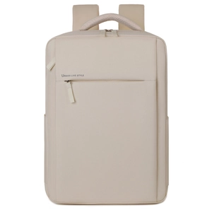 Minimalist beige business laptop backpack with URBAN LIVE STYLE print on white background