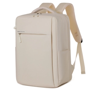 Close-up of beige minimalist backpack with breathable mesh straps and Urban Live Style text