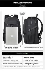 Detailed dimension chart for large black travel backpack with water-resistant fabric