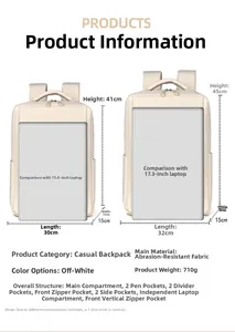 Size comparison for 15.6 and 17.3 inch laptop backpacks in minimalist cream white