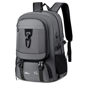 Large capacity grey travel backpack with USB port and multiple zippered compartments