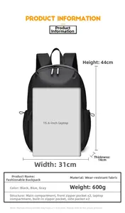 Sac à dos noir dimensions 44x31x14cm montrant le compartiment pour ordinateur 15,6 pouces