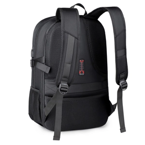 Black large capacity travel backpack with AIRFLOW ergonomic back panel and USB charging port