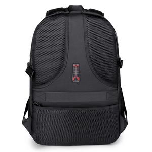 Black travel backpack featuring breathable back padding and integrated luggage strap