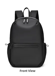 Vue de face d'un sac à dos d'affaires noir imperméable avec des poches zippées discrètes