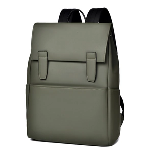 Minimalist olive green waterproof commuter backpack with a matte finish and flap closure