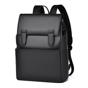 Front view of black waterproof business backpack with flap closure and adjustable straps