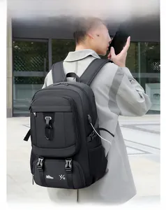 Detail view of large capacity travel backpack with separate shoe compartment and USB port