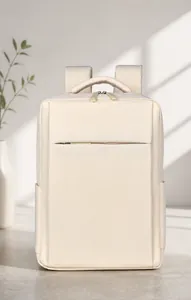 Front view of beige minimalist business laptop backpack with waterproof nylon fabric
