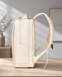 Side view of multi-layer cream business laptop backpack with ergonomic mesh straps