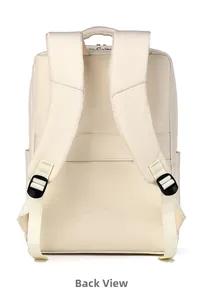 Back view of cream business laptop backpack showing padded straps and luggage trolley strap