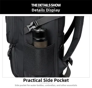 Detailed view of the side mesh pocket on a black backpack holding a water bottle