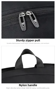 Detail of high-density nylon strap and durable electroplated metal dual zippers on travel bag