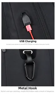 Detail of travel backpack showing integrated USB charging port and matte metal carabiner