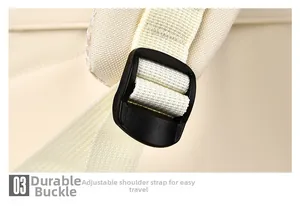 Detail of sturdy adjustable black buckle and thick woven strap on beige business backpack