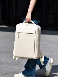 Detail of minimalist cream business laptop backpack with matte water resistant texture