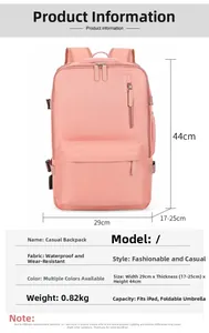 Detailed pink travel backpack showing dimensions 29x17x44cm and waterproof nylon fabric