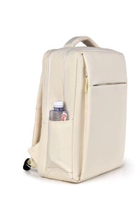 Detail view of cream business backpack showing side pocket storage and hidden zipper