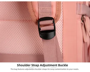 Detail of pink backpack featuring adjustable shoulder strap buckle and breathable mesh back