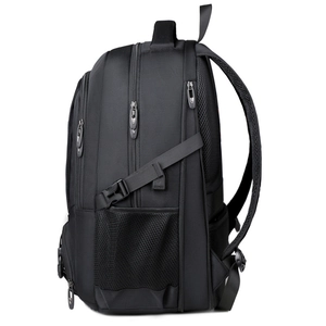 Large black travel backpack with USB charging port and multi-layer zipper compartments