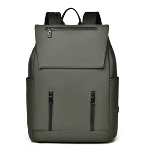 Detailed view of matte military green backpack featuring multi-pocket zipper construction