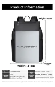 Detailed dimension guide showing large capacity for 15.6-inch laptop in black backpack