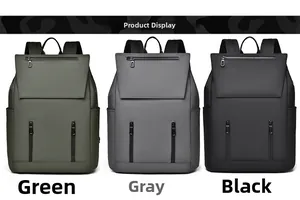 Minimalist matte backpacks in green, gray, and black colors with dual front zippers