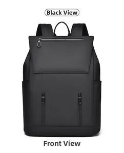 Front view of black waterproof business backpack with metal zippers and breathable straps