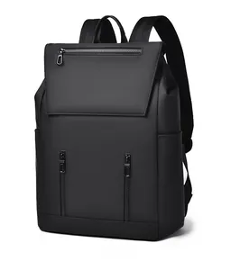 Detail of minimalist black waterproof business backpack with dual vertical zipper design