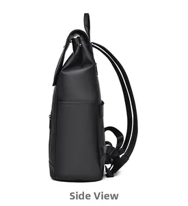 Side view of black water-resistant laptop backpack showing side pocket and depth