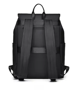 Rear view of black laptop backpack with luggage strap and hidden zipper pocket