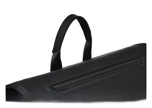 Close-up of reinforced padded top handle and premium zipper closure on a black backpack