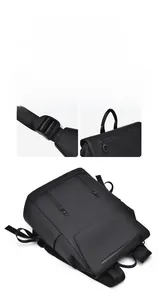 Detail view of durable shoulder strap buckles and reinforced handle on a black backpack