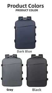 Three premium business backpacks in navy blue, grey, and black with waterproof fabric