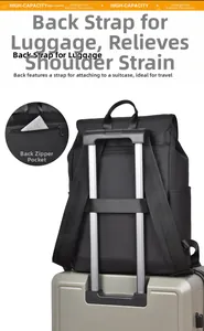 Detail of luggage strap and anti-theft back pocket on minimalist black business backpack