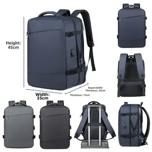 Detail of expandable business backpack showing 15cm to 20cm capacity growth via zipper