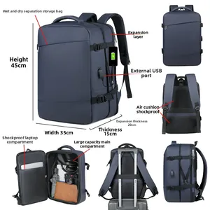 Detail view of expandable navy business backpack with USB port and wet-dry compartments