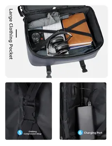 Detail of expandable laptop backpack showing large storage space and USB charging port