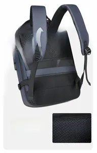 Detail of breathable honeycomb mesh back and S-shaped straps on blue business backpack