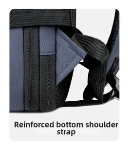 Detail showing the reinforced bartack stitching at the bottom of the backpack shoulder strap