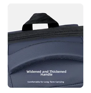 Detail of reinforced padded handle on a navy business backpack for comfortable carrying