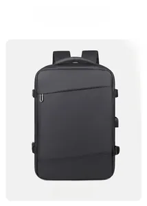 Front view of black business backpack with water-resistant fabric and diagonal zipper