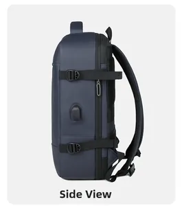 Side view of business backpack with USB charging port and adjustable buckle straps