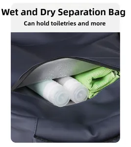 Detail view of the waterproof wet/dry compartment with toiletries and gym towel