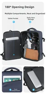 Deep blue business backpack detail showing 180-degree opening and multi-compartment storage