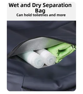 Detail of waterproof dry-wet separation pocket with toiletries and fitness towel