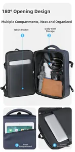 Detail of 180-degree opening laptop backpack with organized internal storage compartments