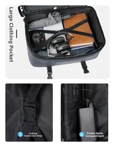 Detail of expandable business backpack with large main compartment and USB charging port