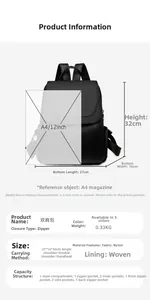 Detailed size specifications for large nylon anti-theft backpack showing 27x16x32cm dimensions